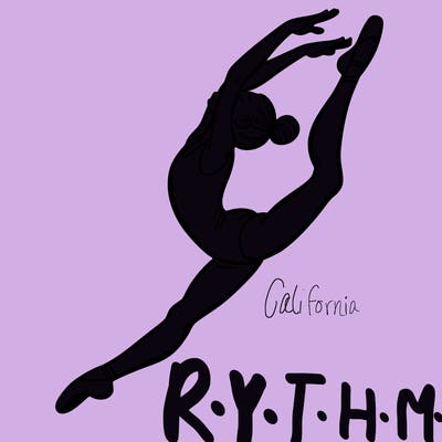 gymnast doing a leap in a leotard with a bent back leg