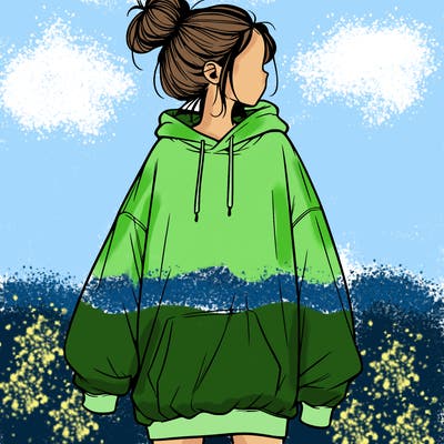 realistic girl with a oversized sweatshirt on and a bun