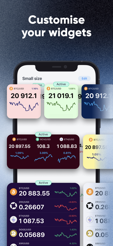 Smartphone screen showing various customizable crypto price widgets in different sizes and colors