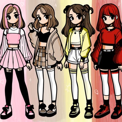 one girl with crop-top shirt and a jacket with a skirt, long socks and another girl with a shirt and pants with a jacket