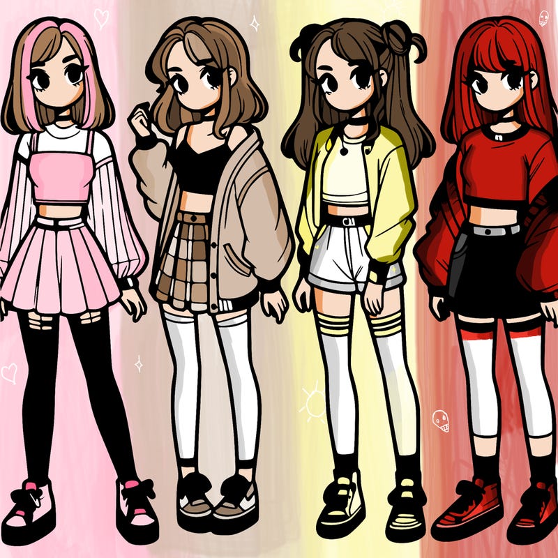 one girl with crop-top shirt and a jacket with a skirt, long socks and another girl with a shirt and pants with a jacket