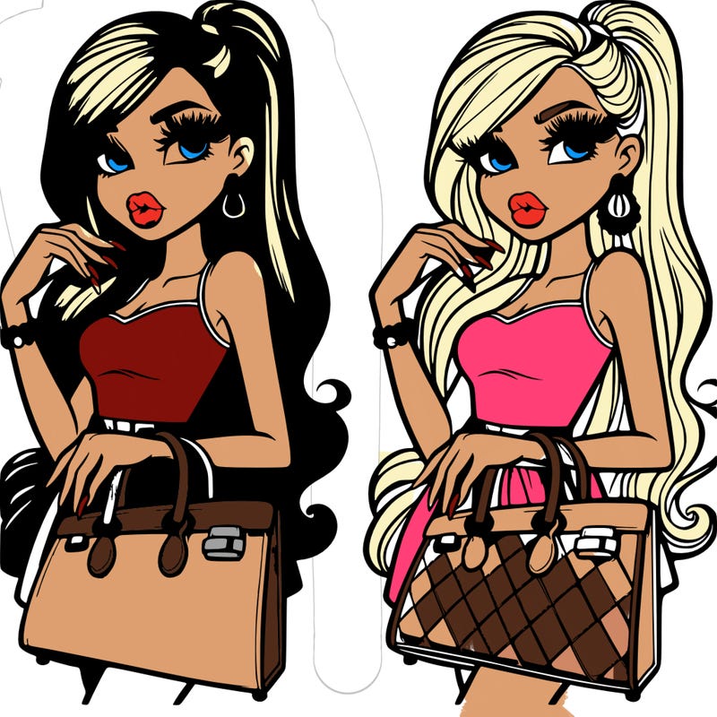 girl with very expensive handbag and ponytail, with with long nails wearing a mini skirt pretty lips.  and a. top
