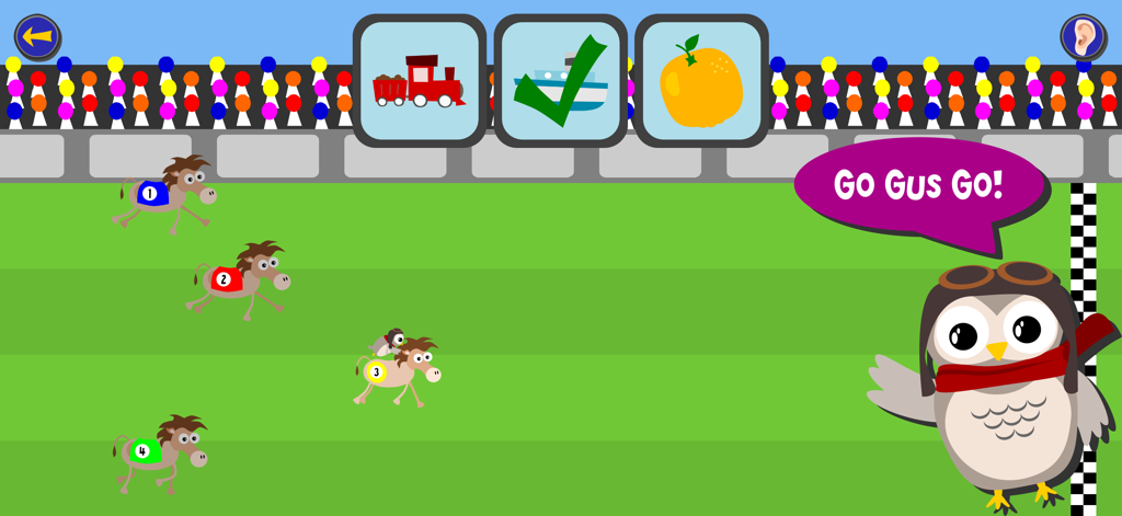 A vocabulary learning game with a donkey race in the Gus on the Go Spanish app