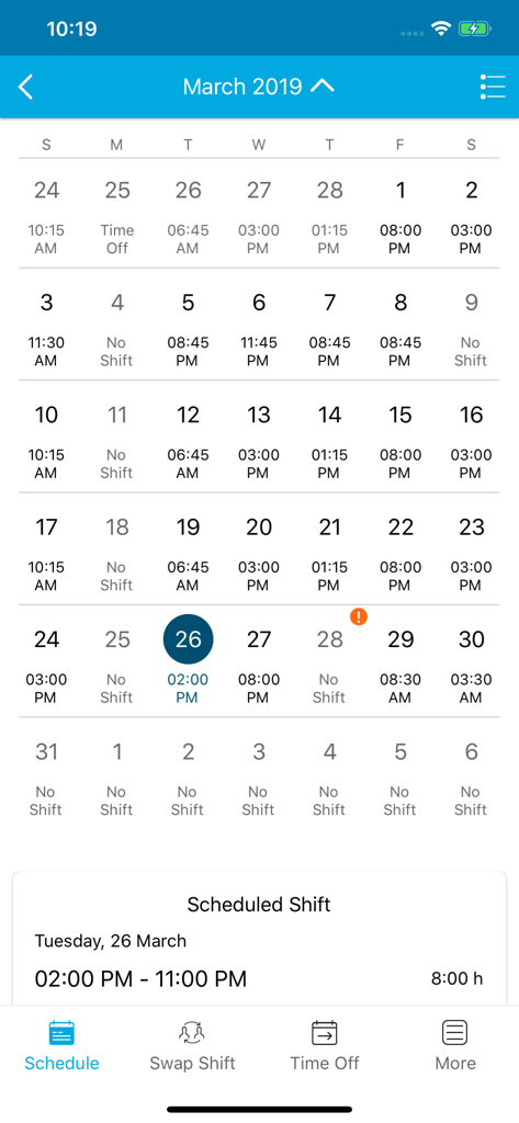 Interface do aplicativo móvel mostrando uma agenda de trabalho mensal com horários de turno específicos para um funcionário