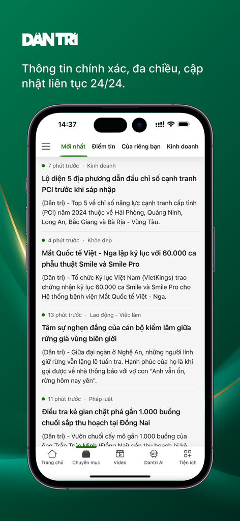 Screenshot of the Bao Dan tri mobile app showing the latest news articles in Vietnamese