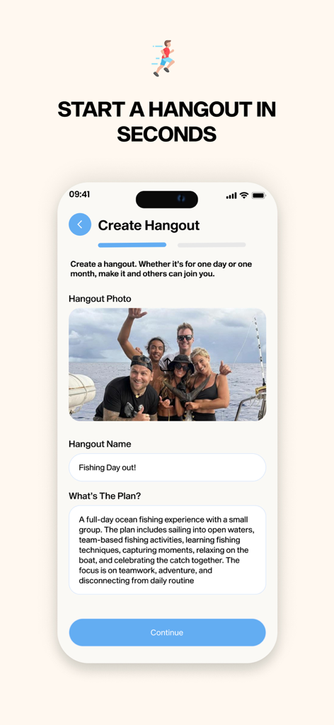 A mobile app interface showing the Create Hangout screen for yacht crew members to plan a fishing day out.
