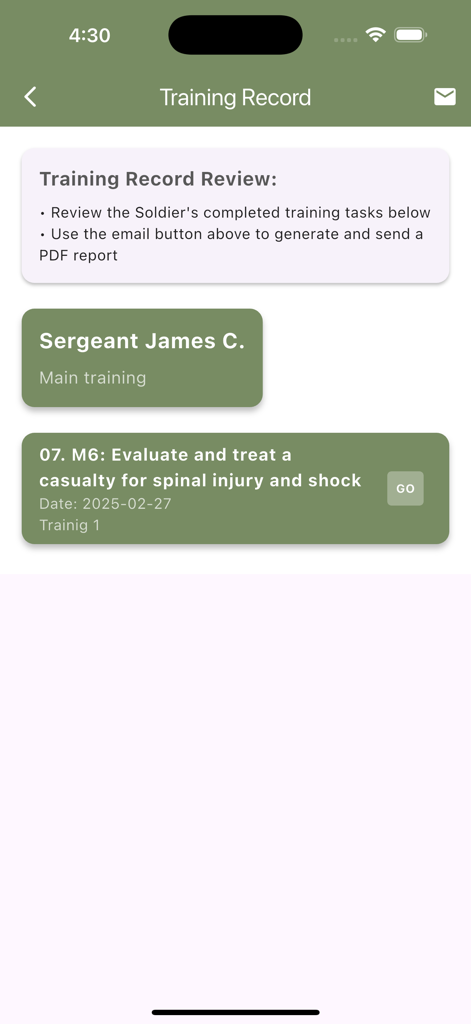 Digital training record review screen showing a soldiers completed medical task with a GO status in the Expert Soldier Badge app.