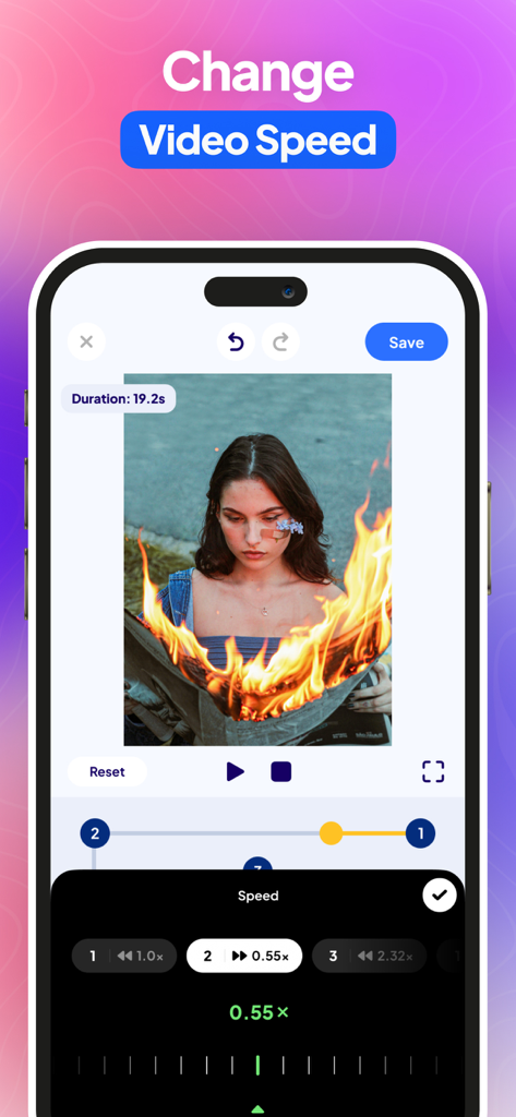 Reverse: Video Reverser - Eine mobile App-Oberfläche, die die Geschwindigkeitsregelung zur Anpassung der Videowiedergabegeschwindigkeit für die Inhaltserstellung zeigt.