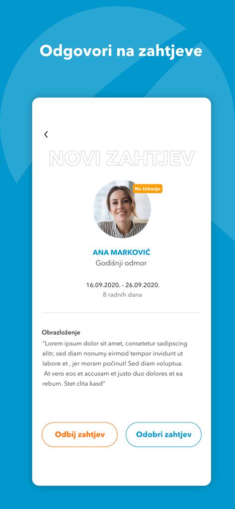 Um ecrã de smartphone a exibir um pedido de férias para aprovação na App Away.