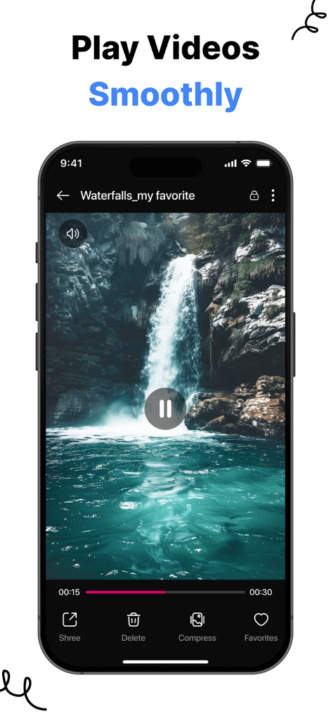 A mobile interface showing smooth video playback of a waterfall within the Gallery Photo Vault app.