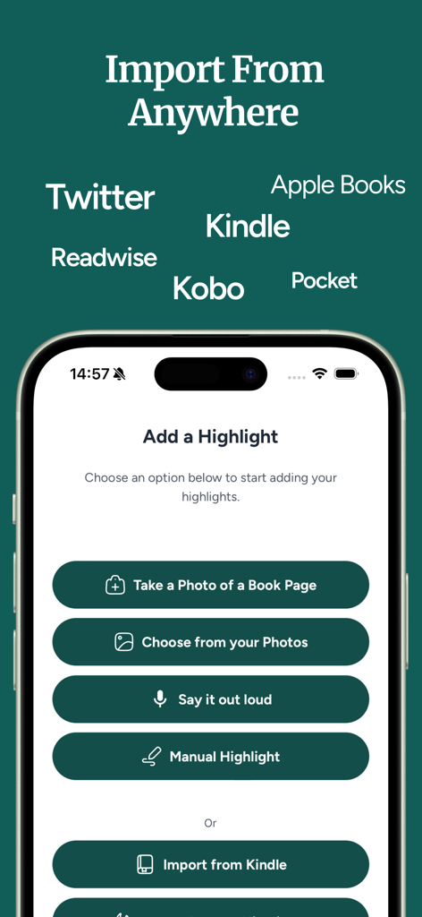Screvi: Read & Highlight - Screvi app interface showing options to import highlights from Kindle Twitter Apple Books and physical book photos