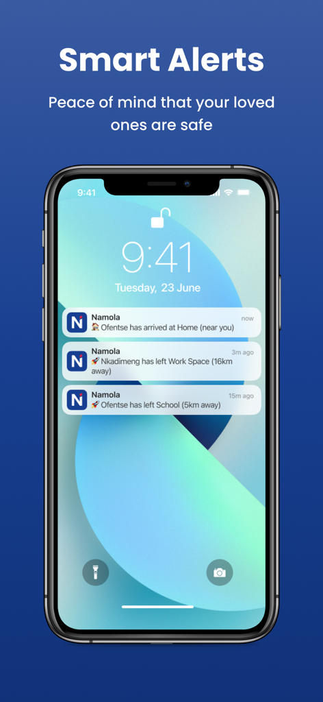 Smartphone screen showing Namola smart alerts and family location notifications