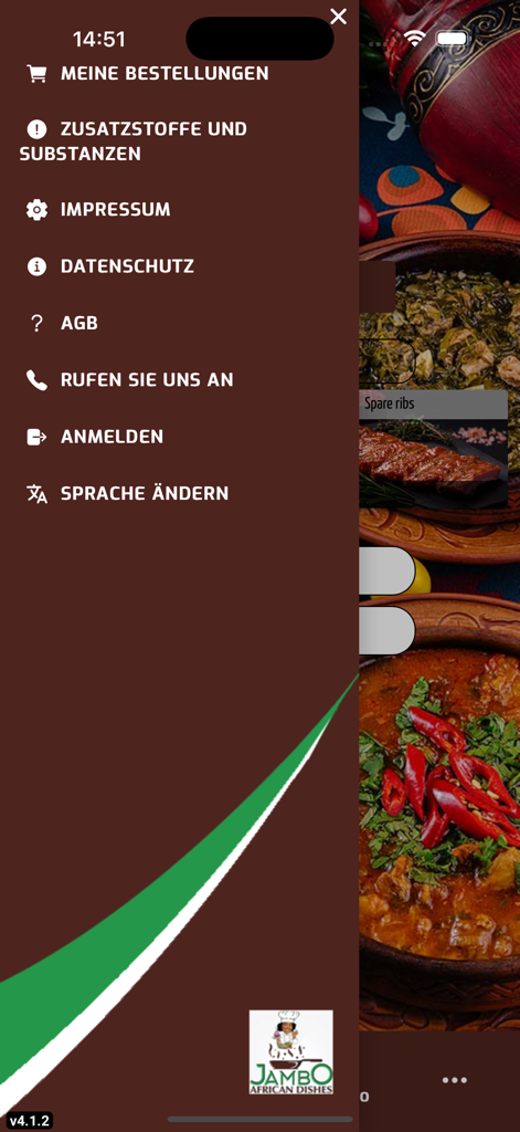 Jambo African Dishes - Sidebar navigation menu of the Jambo African Dishes mobile app showing various account and information options in German.