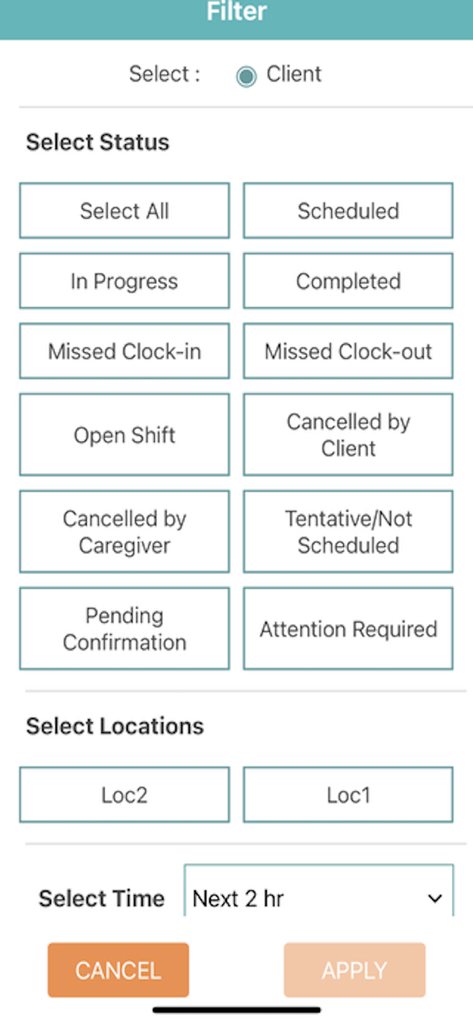 WellSky Personal Care app filter screen for managing caregiver shifts by status and location
