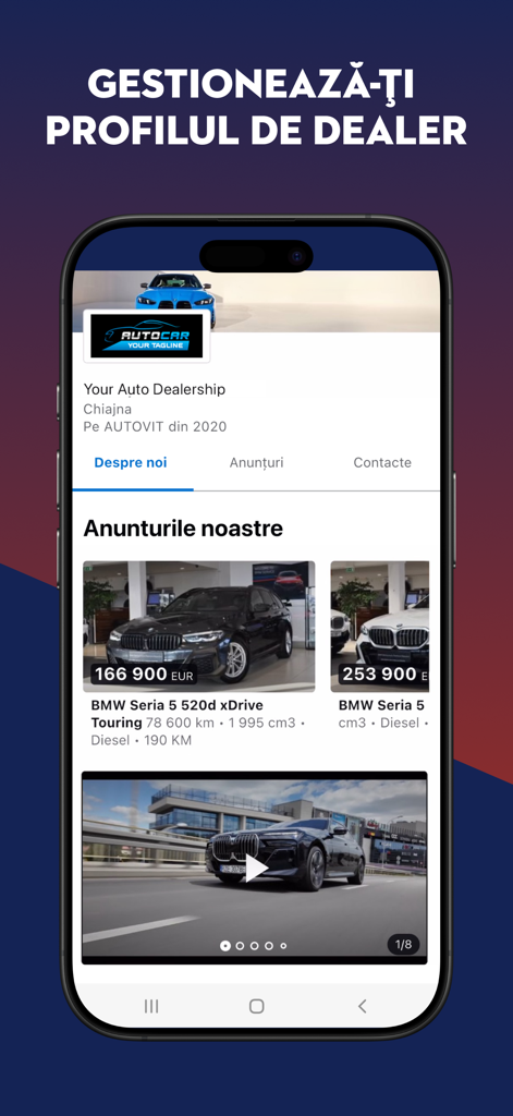 Autovit.ro:  Car Marketplace - Autovit app screenshot showing a car dealer profile with BMW listings and dealership details