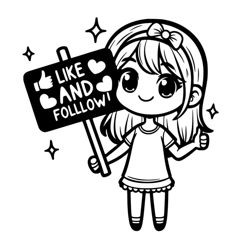 a girl holding a sign that says like and follow!