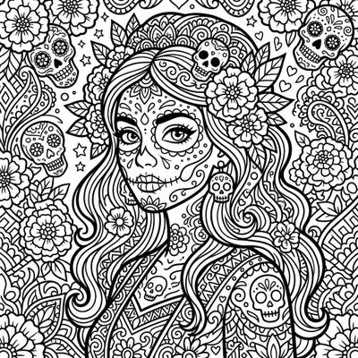 Unleash your creativity with this stunning Pop Art calavera woman portrait, perfect for honoring Day of the Dead. Intricate floral and skull details invite a vibrant coloring experience.