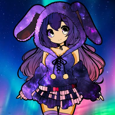 pretty anime girl wearing a fluffy hoodie with bunny ears on the hood and a skirt