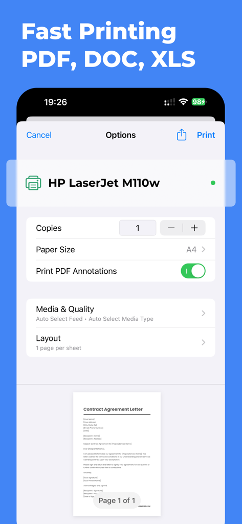 AirPrinterSmart - print app - AirPrinterSmart app print settings for a PDF contract document