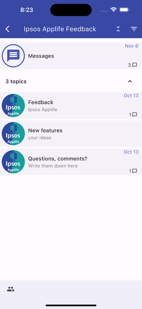 Ipsos AppLife - Ipsos AppLife app interface showing feedback topics and community messages for market research.