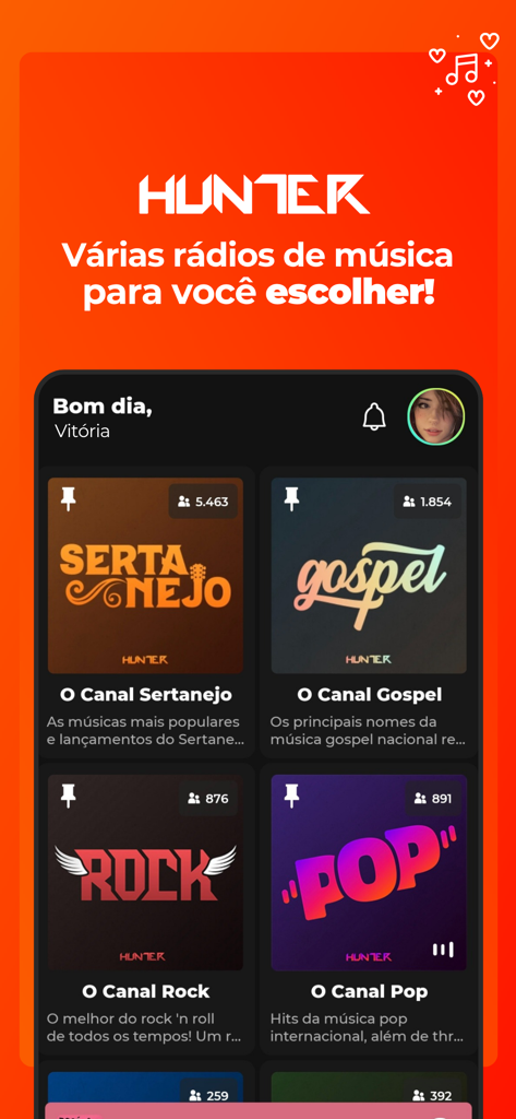 Interface do aplicativo Hunter.FM mostrando vários canais de rádio selecionados como Sertanejo Gospel Rock e Pop