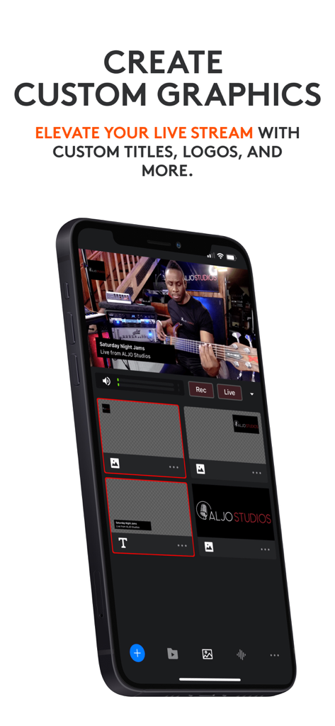 Logitech Mevo Multicam app interface showing custom titles and logos for a live stream.