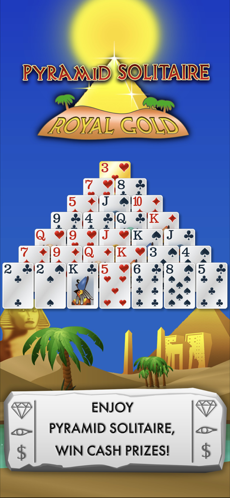Pyramid Solitaire Royal Gold - Pantalla de juego de Pyramid Solitaire Royal Gold con cartas en disposición de pirámide sobre un fondo de desierto egipcio