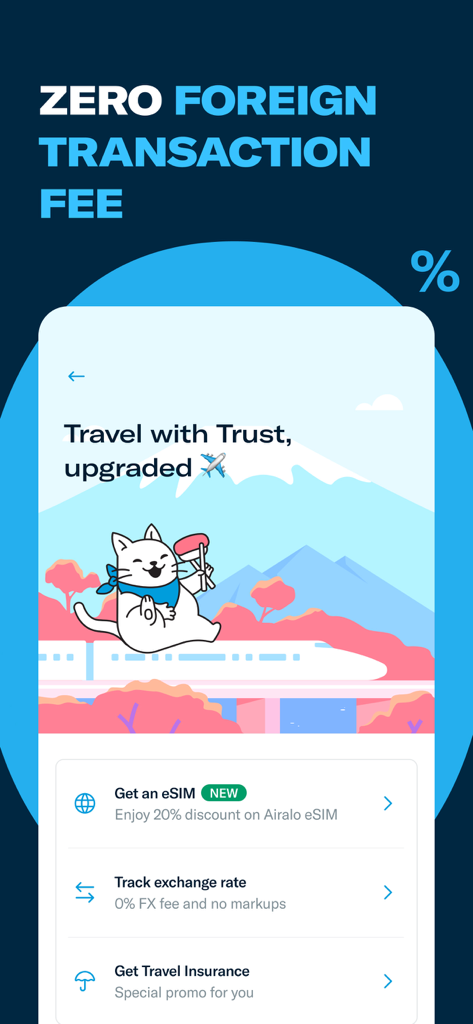Écran de l'application Trust Bank SG mettant en avant les frais de transaction étrangers nuls et les fonctionnalités de voyage comme l'eSIM et l'assurance.