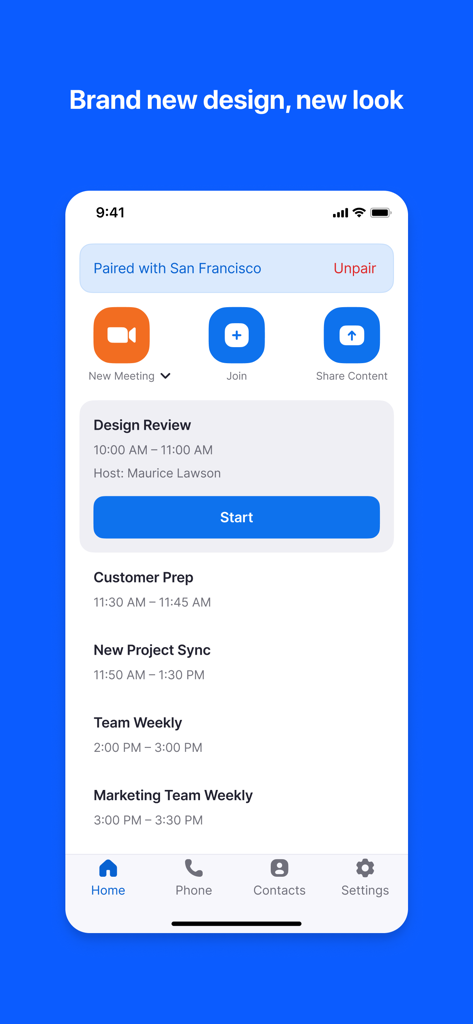 Zoom Rooms mobile app home screen showing a list of scheduled office meetings and quick action controls