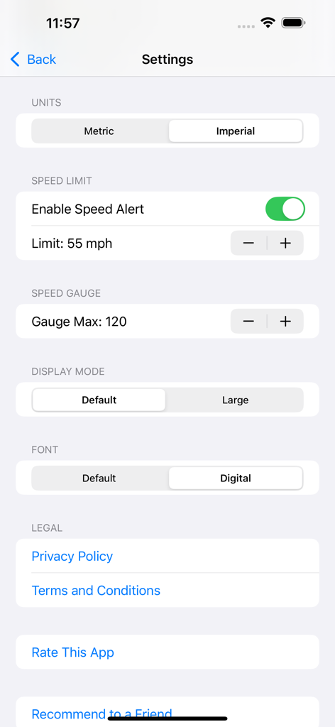 Speedometer Live - Settings menu for Speedometer Live showing customization for units and speed alerts