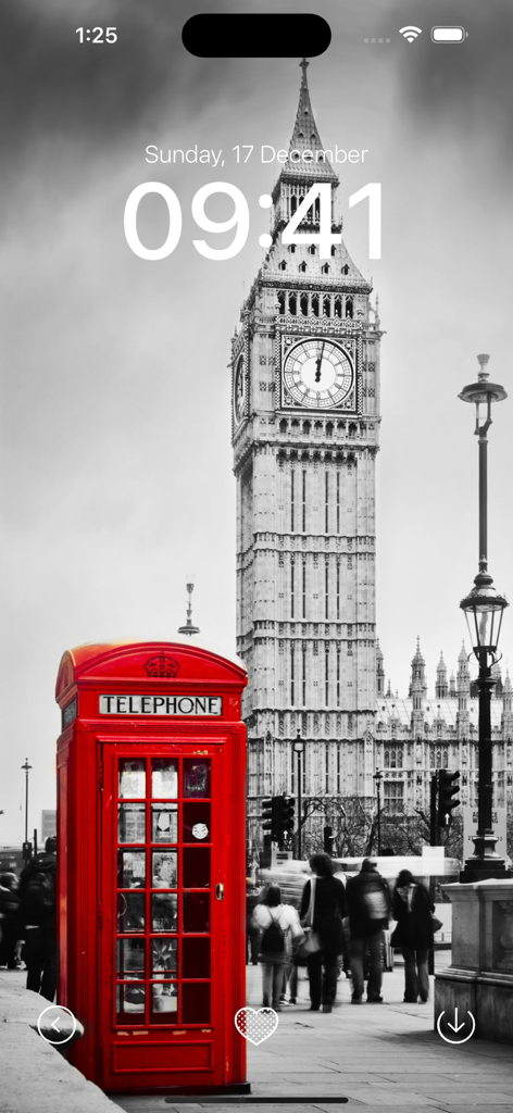 Black Wallpaper App - Red London telephone booth against a black and white Big Ben background wallpaper on an iPhone lock screen