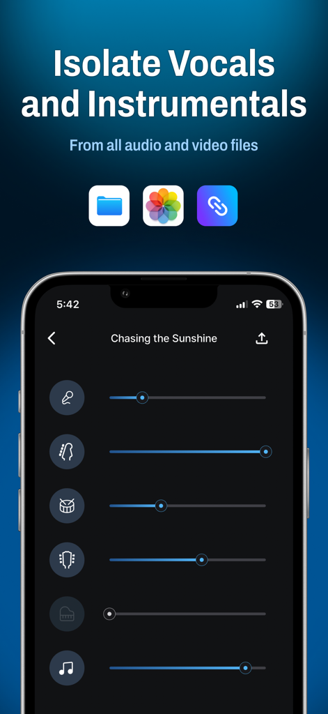 Gaudio Studio: AI Separator - Mobile app interface showing AI sliders for isolating vocals and instrumental stems from a song