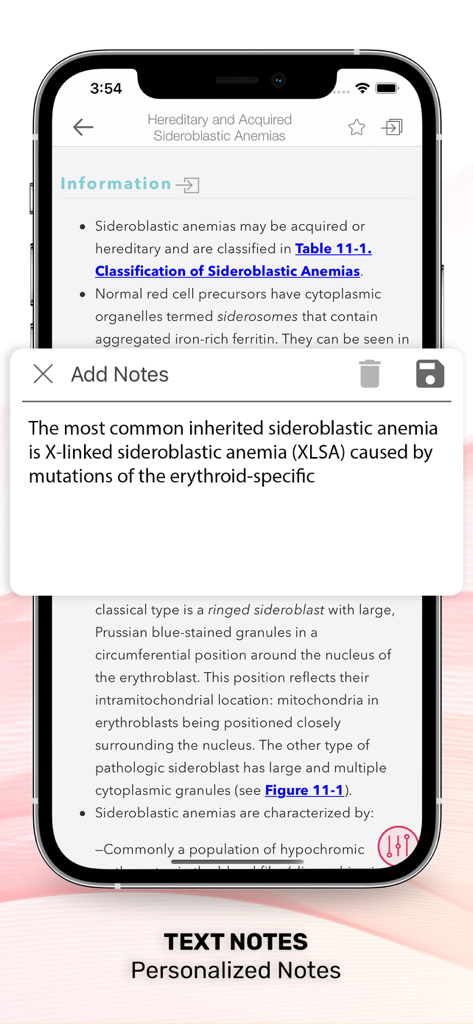 Williams Manual of Hematology - Adding personalized text notes in the Williams Manual of Hematology medical app.