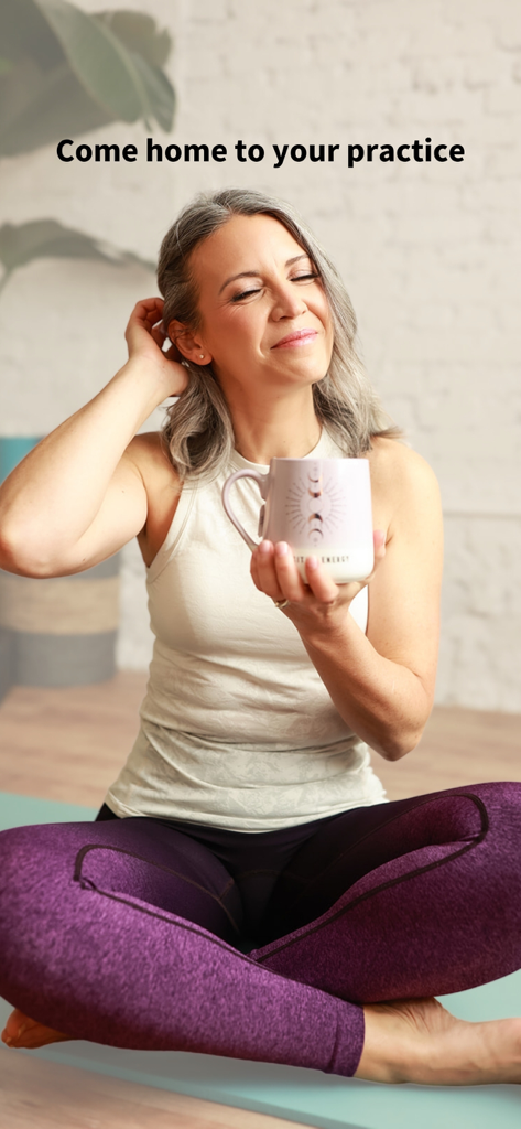 Trifecta Pilates - A relaxed woman sitting on a yoga mat holding a mug with the text Come home to your practice.