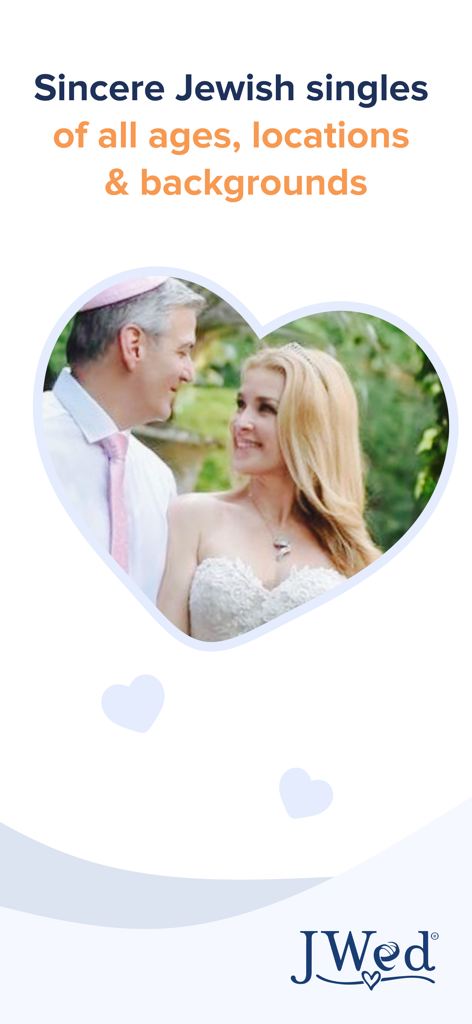 JWed - A Jewish couple in a heart-shaped frame on the JWed dating app splash screen featuring marriage-focused messaging.