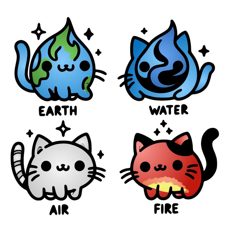 4 cats that represent the different elements, earth, water, air, and fire