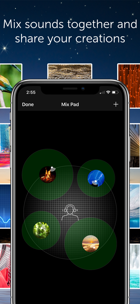 White Noise Pro - Interface of the White Noise Pro app showing the Mix Pad feature for creating custom soundscapes with multiple audio tracks