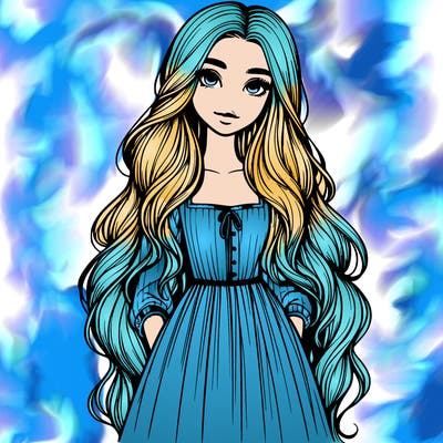 realistic girl with long hair and a wearing long dress