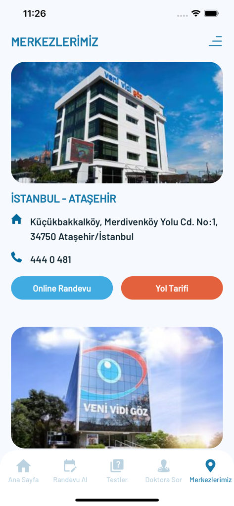 Veni Vidi Göz - La aplicación Veni Vidi Goz muestra ubicaciones de clínicas oculares en Estambul con opciones de reserva de citas