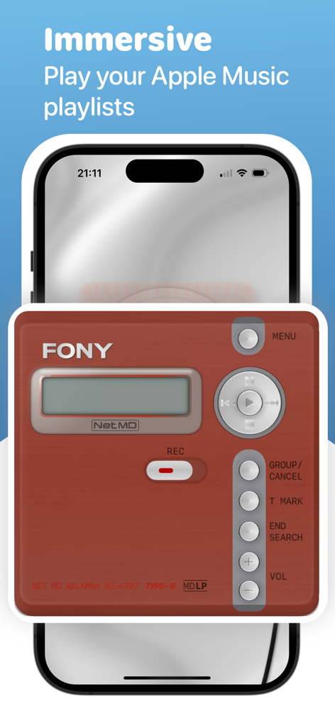 MD Player - Rote skeumorphe MiniDisc-Player-Oberfläche auf einem Smartphone-Bildschirm