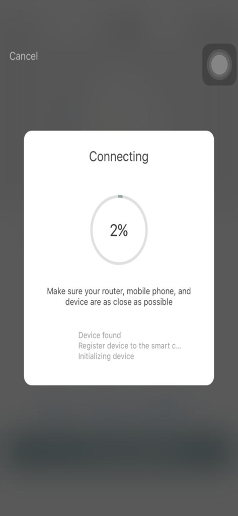 Interface do aplicativo Toush mostrando o progresso da conexão para um novo dispositivo de casa inteligente