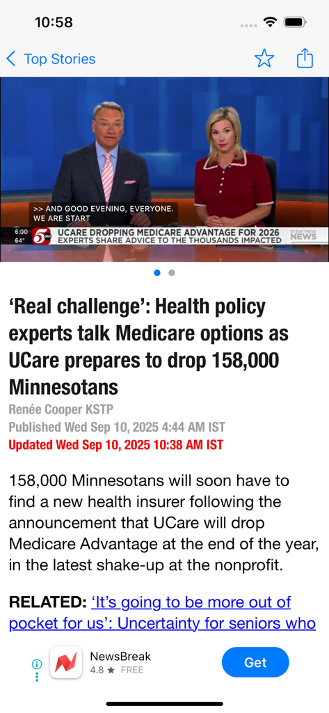 KSTP 5 Minneapolis-St. Paul MN - KSTP 5 local news app showing an article about Medicare changes in Minnesota.