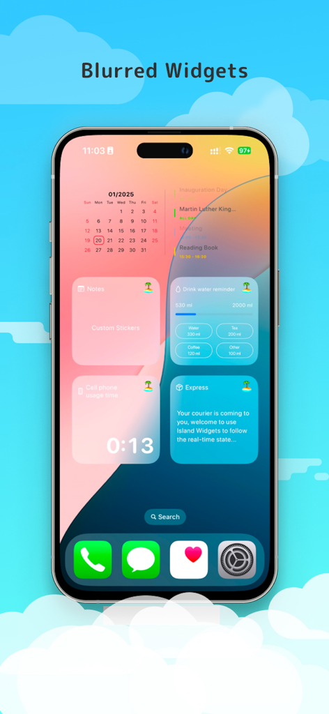 Island Widgets - Pantalla de inicio de iPhone que muestra estéticos widgets difuminados para calendario, ingesta de agua y monitorización del sistema