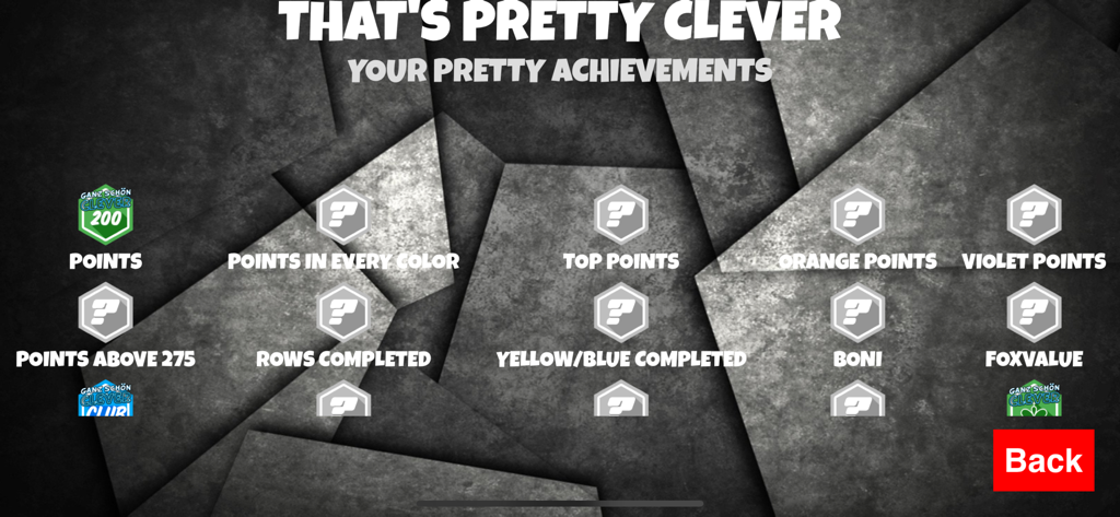 Pantalla de logros dentro del juego para That's Pretty Clever que muestra varios hitos de puntuación y categorías de objetivos.