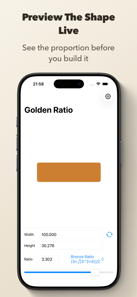 Golden Ratio Calculator++ - A mobile screenshot showing a live shape preview of the Bronze Ratio in the Golden Ratio Calculator app.