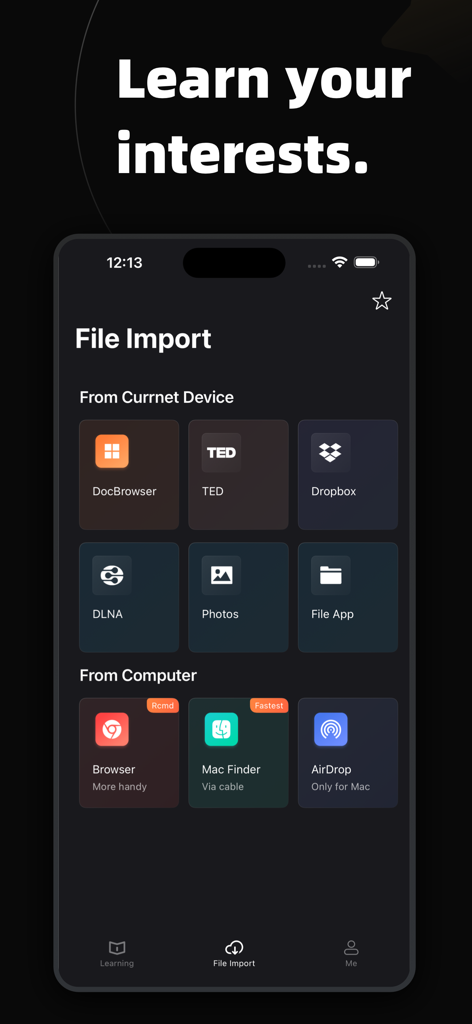 EchoSpeak-ShadowingForFluency - EchoSpeak app interface showing the file import screen with various sources like Dropbox Photos and AirDrop