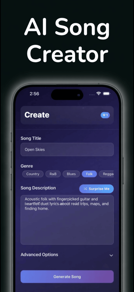 Musicra : AI Song Generator - Interface of the Musicra app showing options to generate an AI song by entering a title, genre, and description.