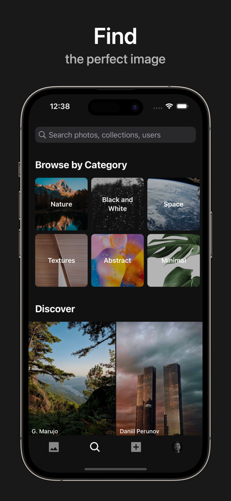 Unsplash - Pantalla de la aplicación Unsplash que muestra categorías de fotos e imágenes descubiertas.