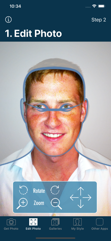 Interface of the app showing a face photo being aligned within a silhouette guide for a virtual makeover