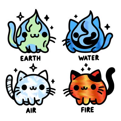 4 cats that represent the different elements, earth, water, air, and fire